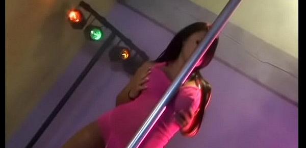  Beautiful babe in pink dress Eva Angelina does sexy striptease then gives sensual sloppy head